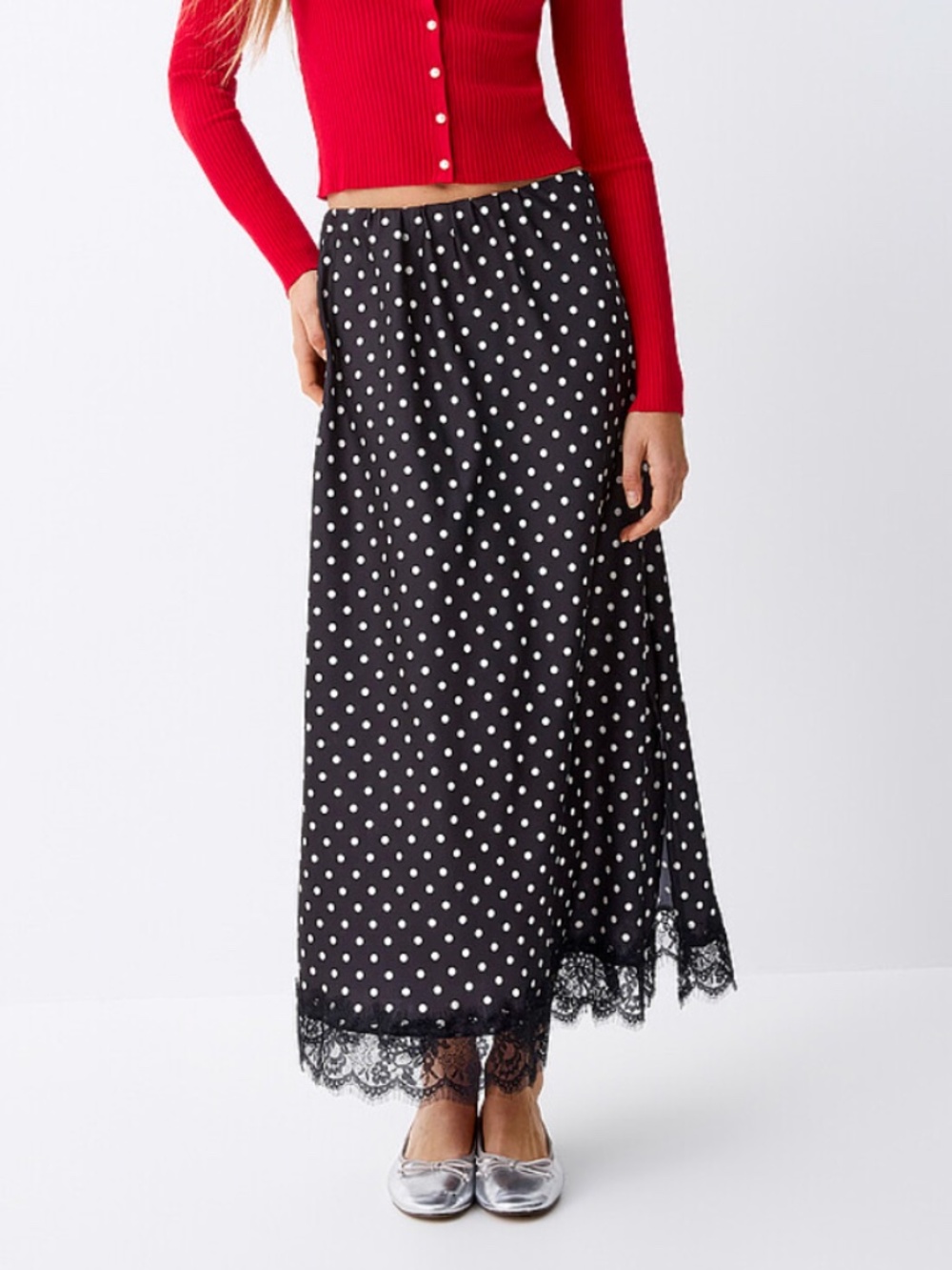 Black and white polka dots lace satiny maxi skirt made in Italy NWT